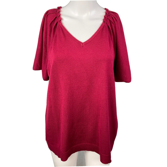 Lane Bryant Sweater Womens 14 16 Pink Pleated Shoulder Short Sleeve V Neck Knit‎ - Picture 1 of 9